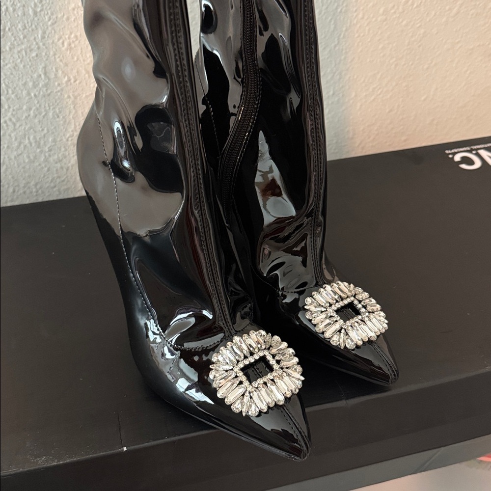 INC International Concepts Black Heeled Boots with Silver Buckle